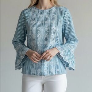NEW Gap Striped Eyelet Blouse‎ Long Sleeve Flared Cuff Top Blue White Size S